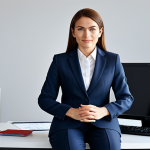 A professional businesswoman in a modest business suit, sitting at a desk in a modern office, fully clothed, appropriate attire, safe for work, perfect anatomy, natural proportions, professional photography, high quality.