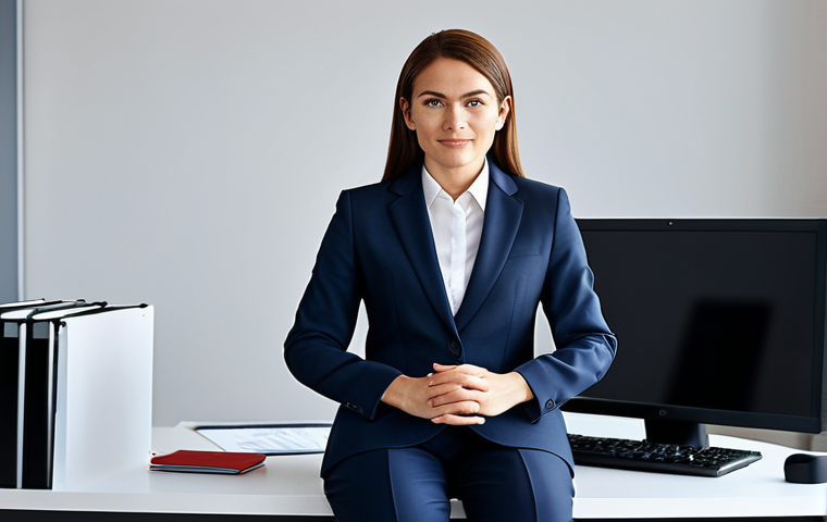 A professional businesswoman in a modest business suit, sitting at a desk in a modern office, fully clothed, appropriate attire, safe for work, perfect anatomy, natural proportions, professional photography, high quality.
